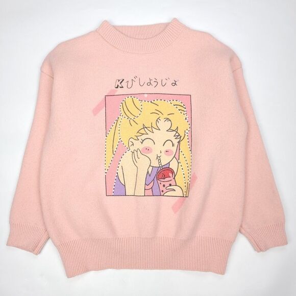 SAILOR MOON Anime Fan Girl Oversized Chunky Ribbed Knit Sweater in Pink Medium - Picture 1 of 5
